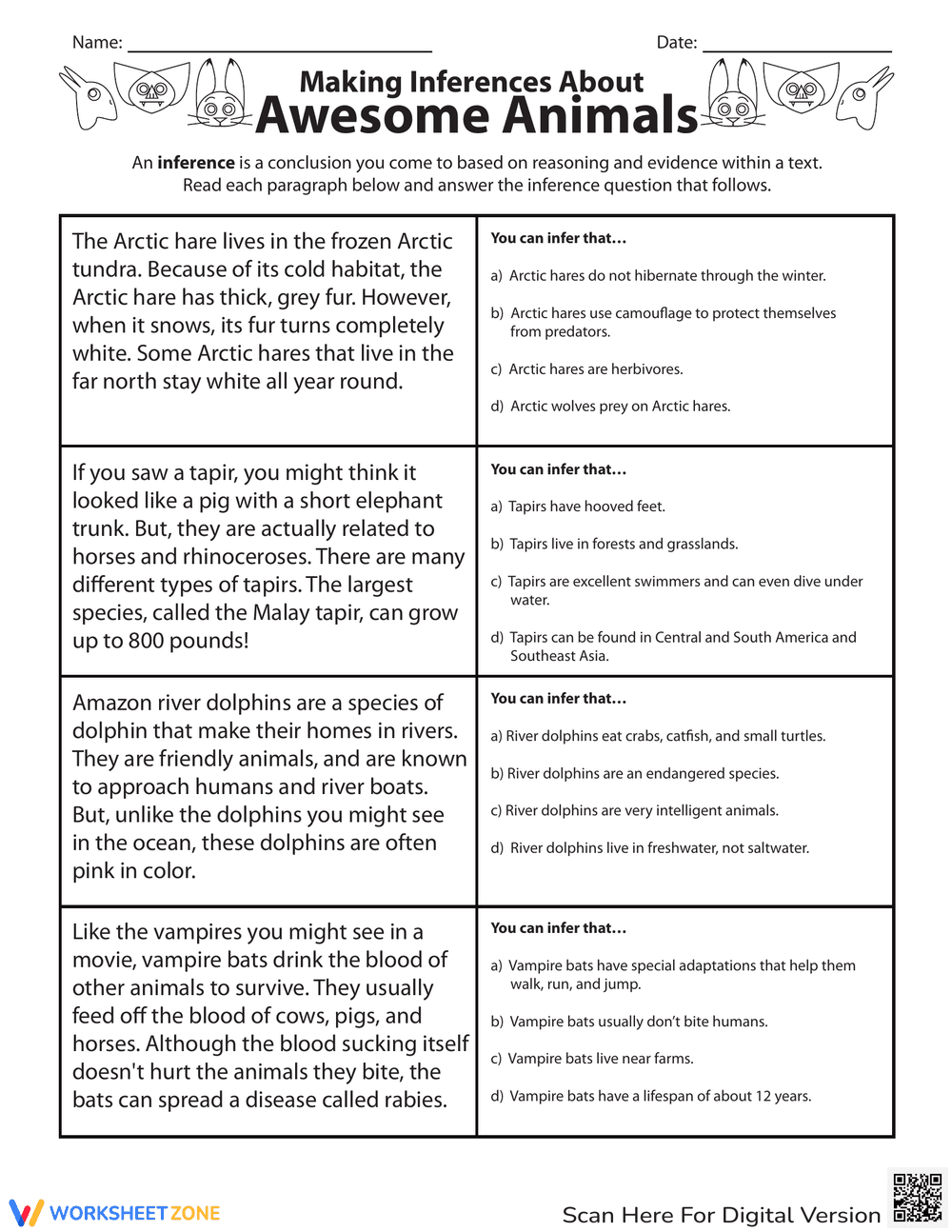 Making Inferences About Awesome Animals Worksheet - Page 1