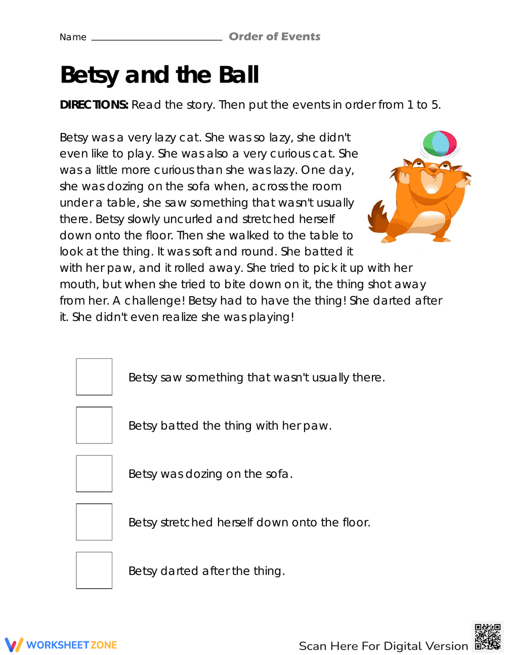 Betsy and the Ball: A Story Comprehension Worksheet - Page 1
