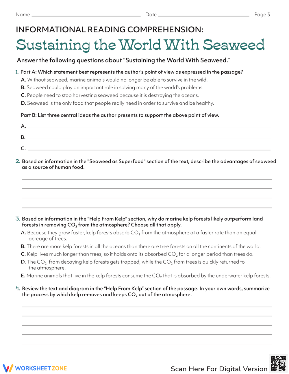 Sustaining the World with Seaweed Worksheet - Page 3