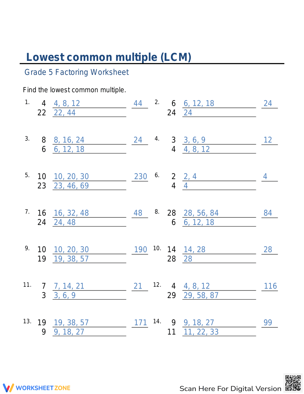 Lowest Common Multiple Worksheet - Page 2
