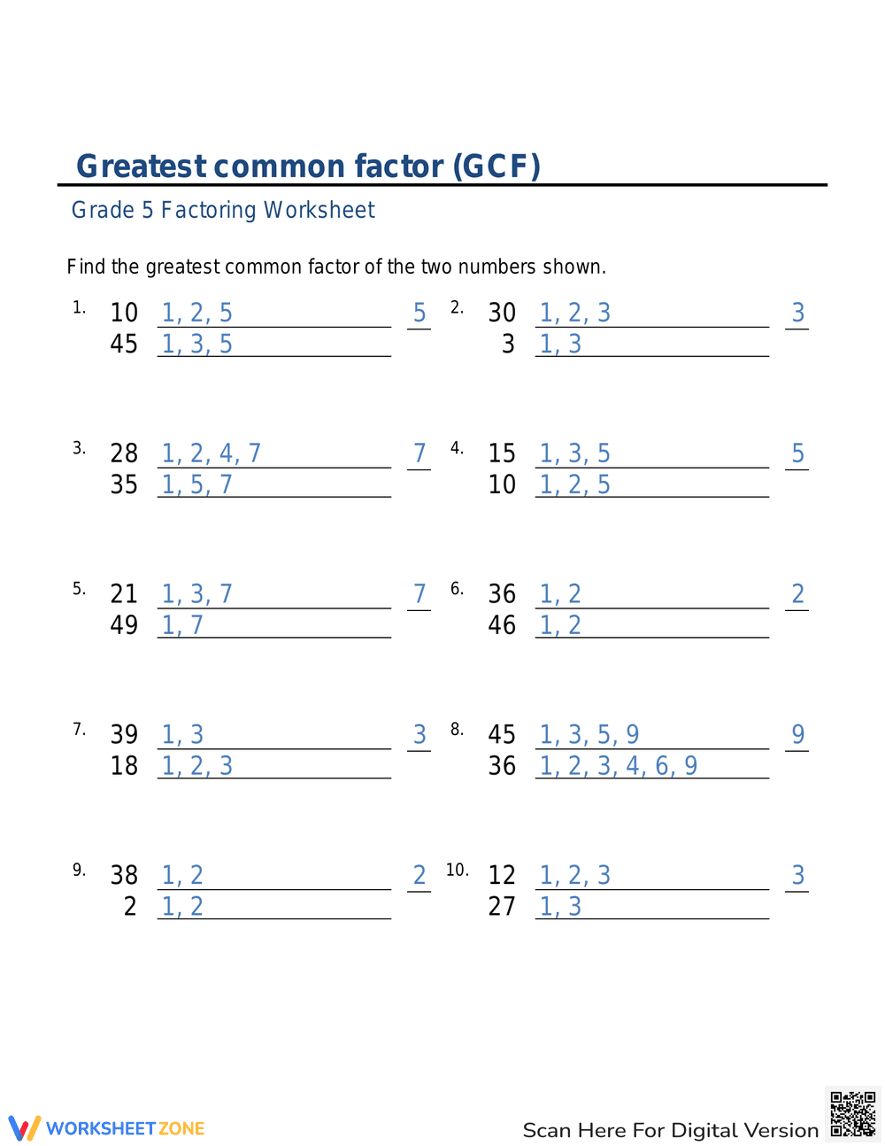 Greatest Common Factor Practice Sheet - Page 2