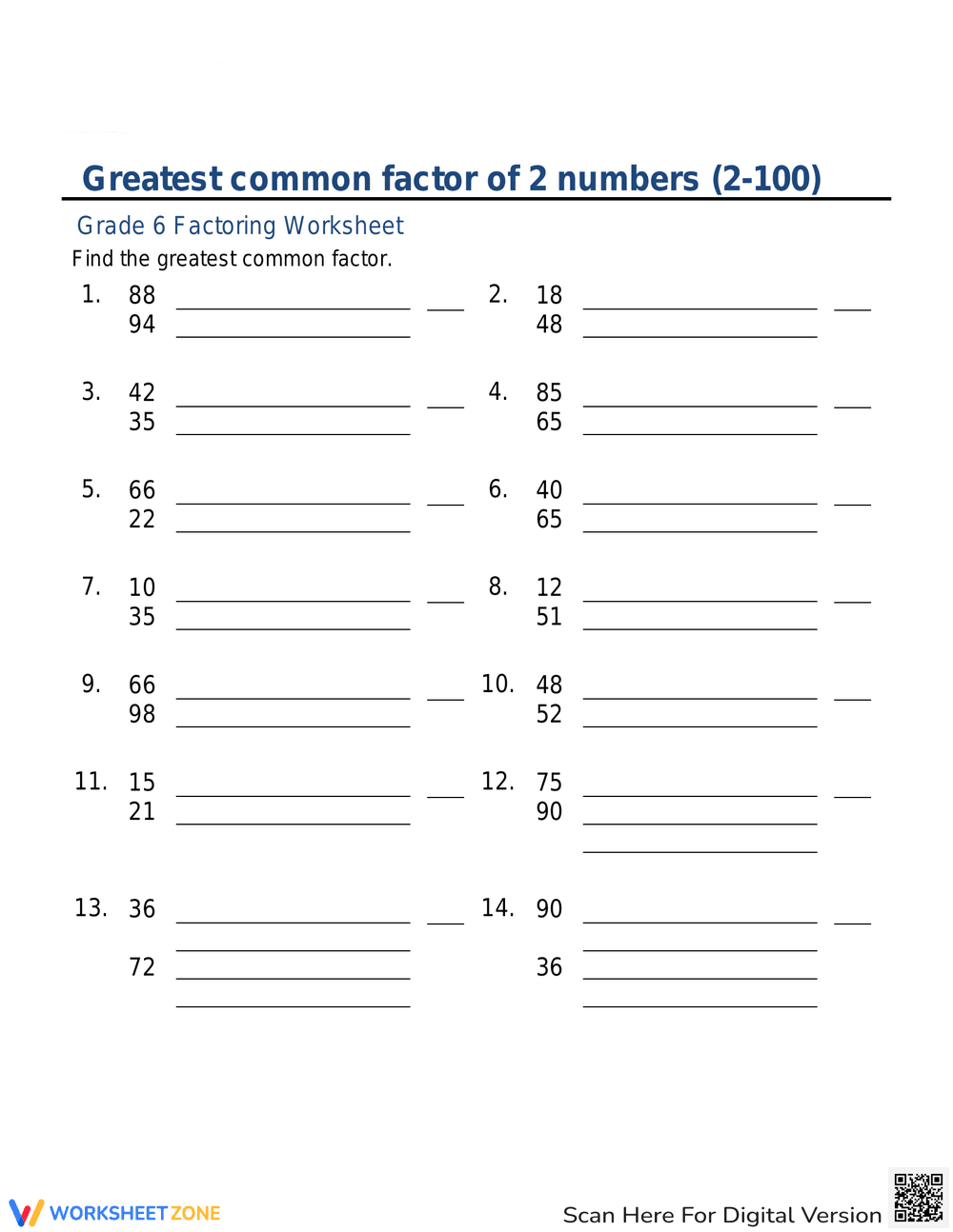 GCF of Two Numbers Worksheet - Page 1