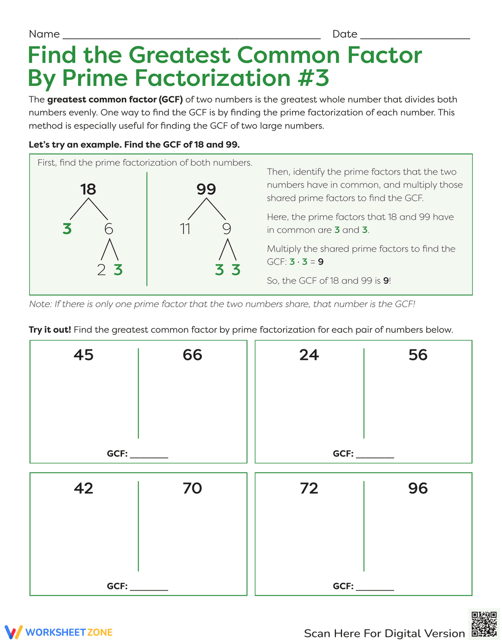 Greatest Common Factor by Prime Factorization - Page 1