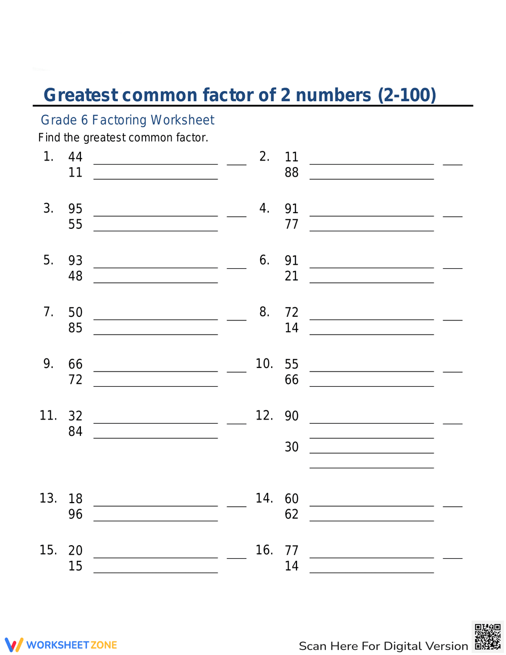 GCF of 2 Numbers Practice Worksheet - Page 1