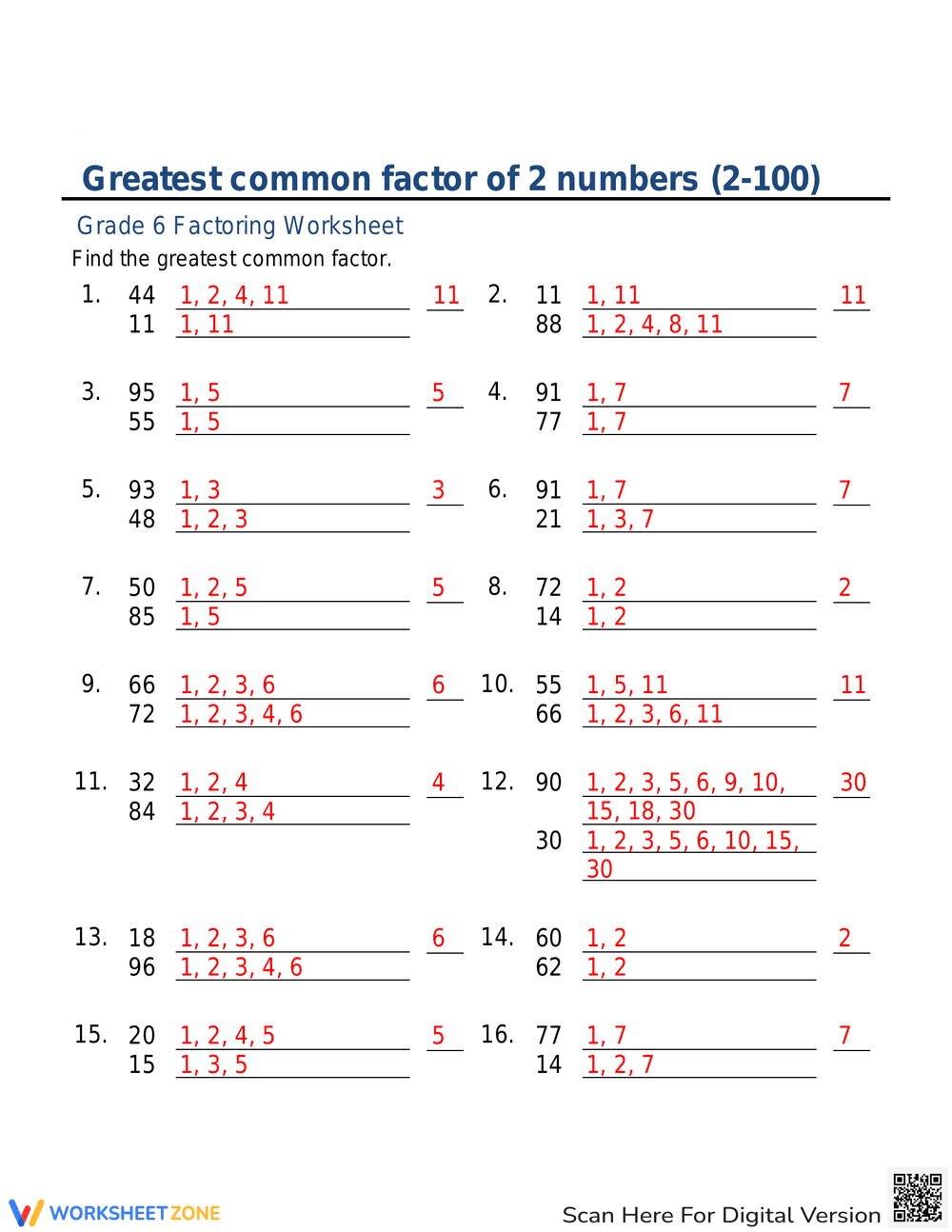 GCF of 2 Numbers Practice Worksheet - Page 2