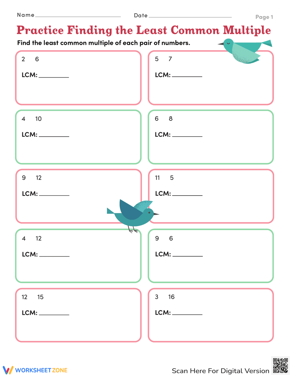Practice Finding Least Common Multiple - Page 1