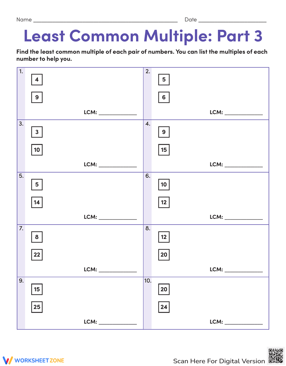 Least Common Multiple Part 3 Worksheet - Page 1