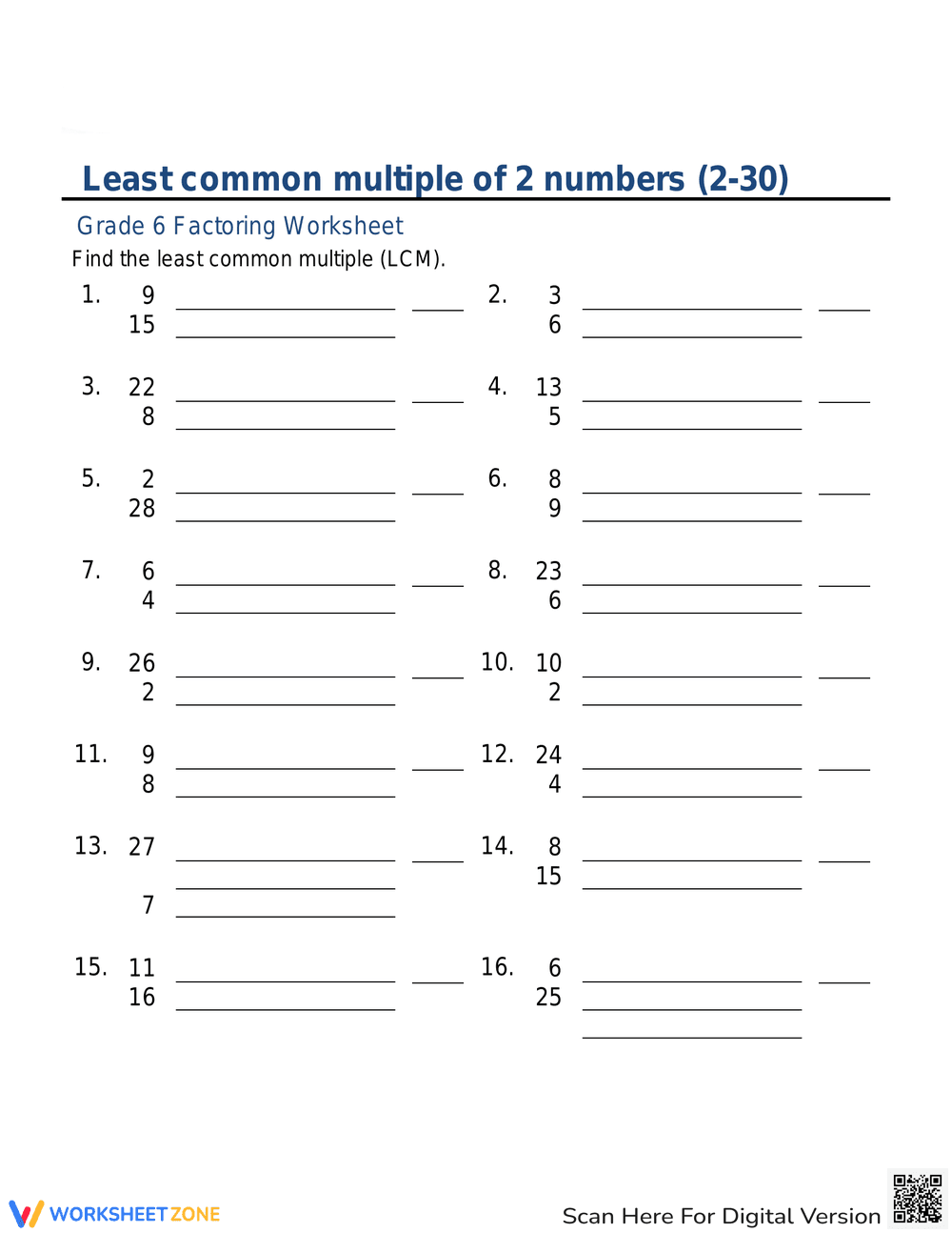 Least Common Multiple of 2 Numbers Practice - Page 1
