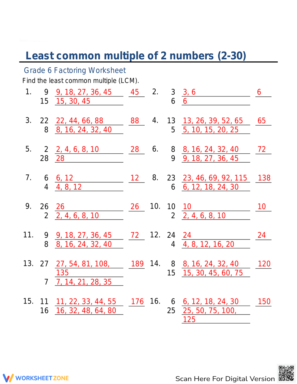 Least Common Multiple of 2 Numbers Practice - Page 2