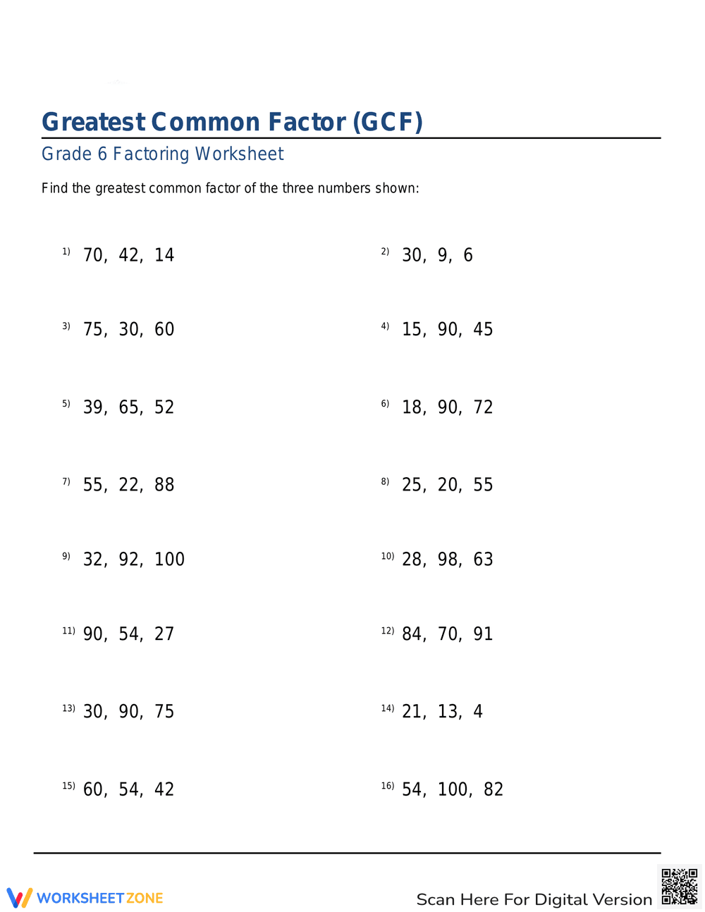 GCF of Three Numbers Practice - Page 1
