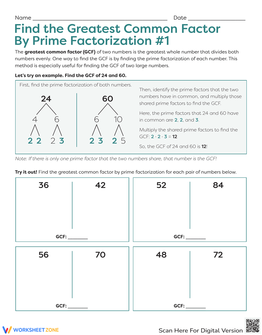 GCF by Prime Factorization Worksheet - Page 1