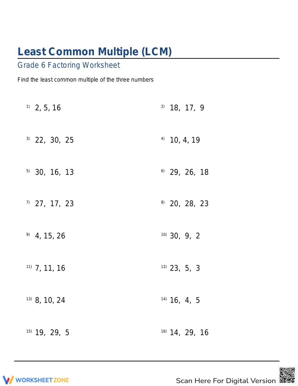 Least Common Multiple (LCM) Practice Sheet - Page 1