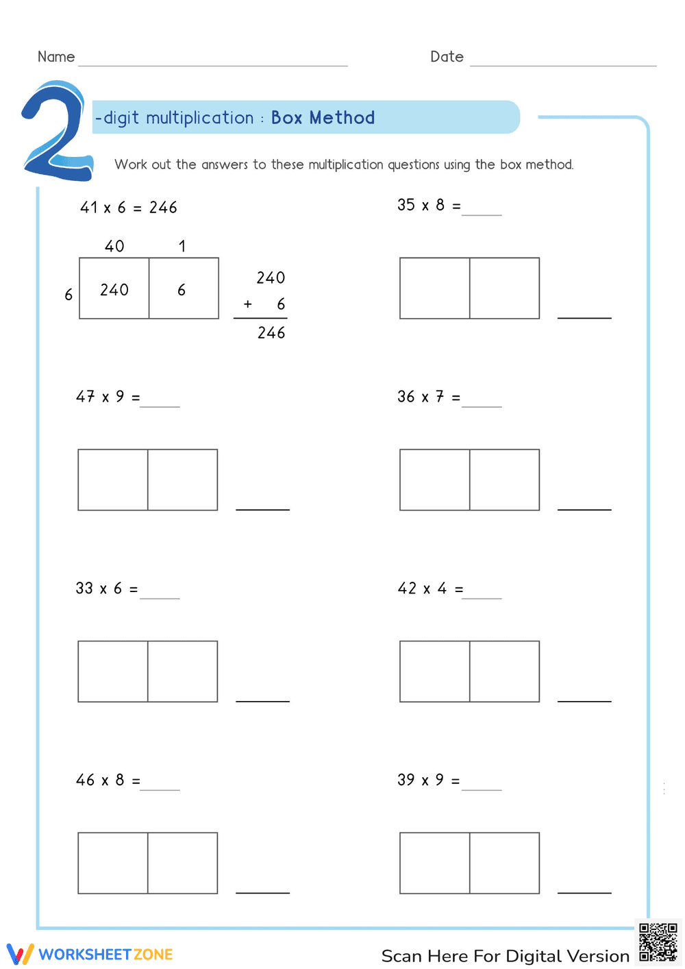 2-Digit Multiplication Using Box Method Worksheet - Page 1
