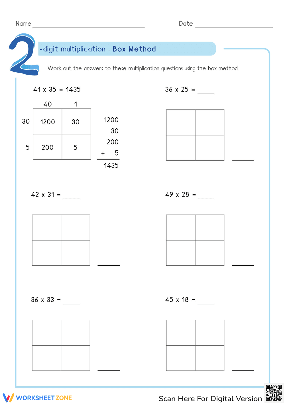2-Digit Multiplication Using Box Method Practice - Page 1