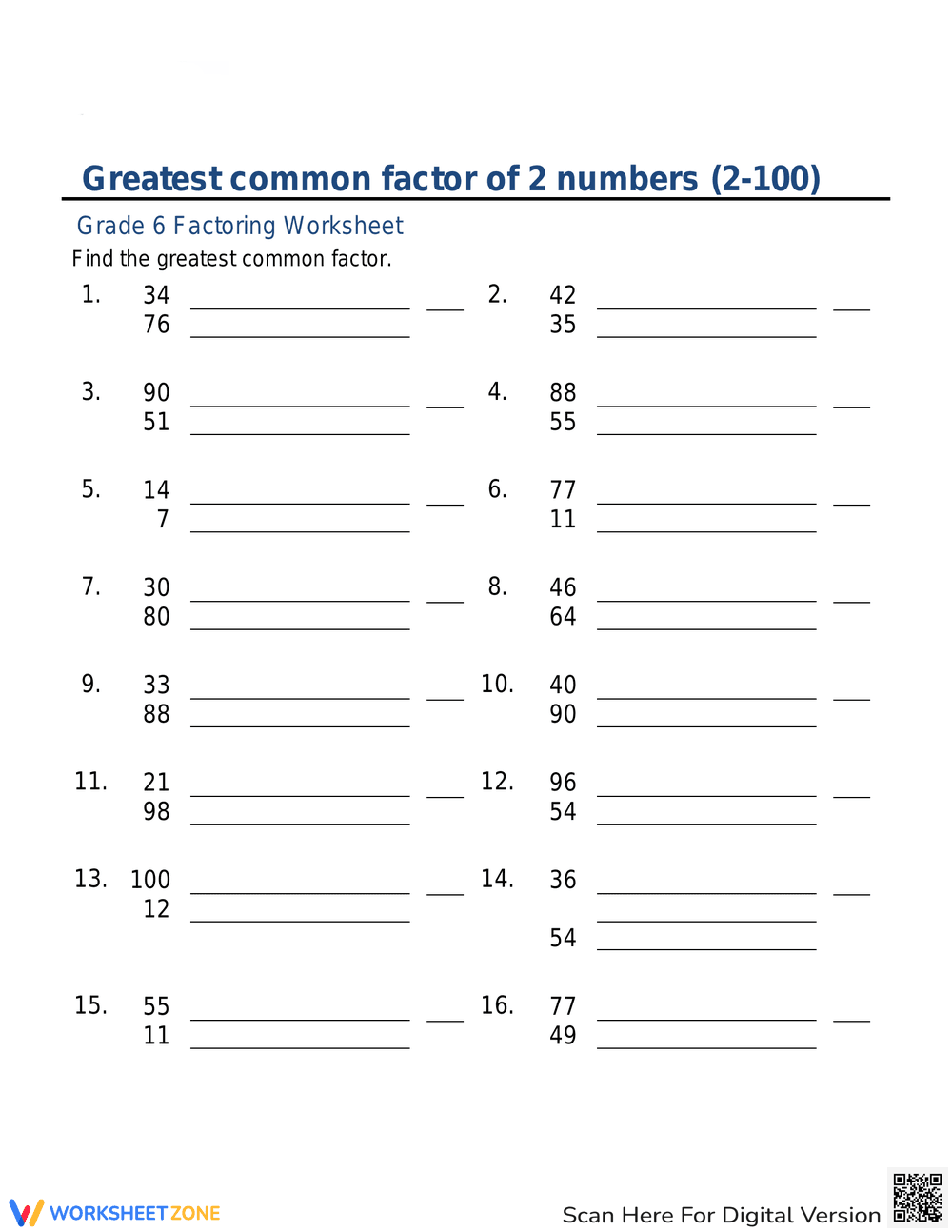 Worksheet on Greatest Common Factor of 2 Numbers - Page 1