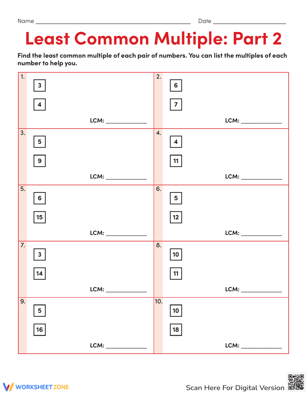 Practice the Least Common Multiple - Page 1