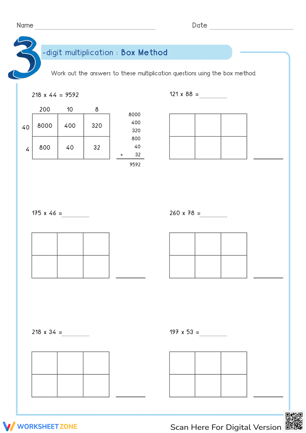 3-Digit Multiplication Using Box Method Practice - Page 1