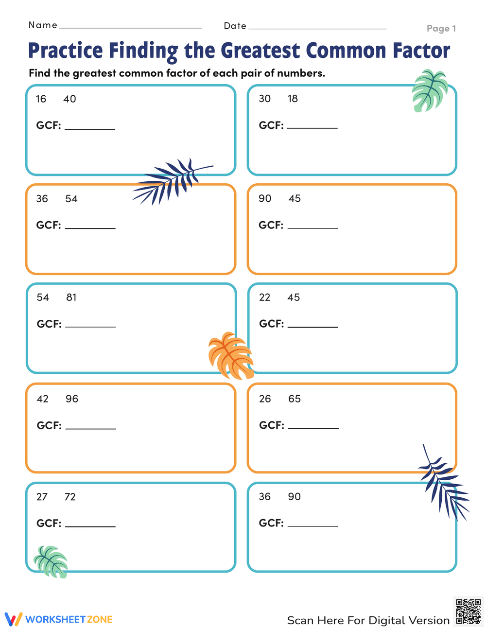 Practice Worksheet for Finding Greatest Common Factor - Page 1