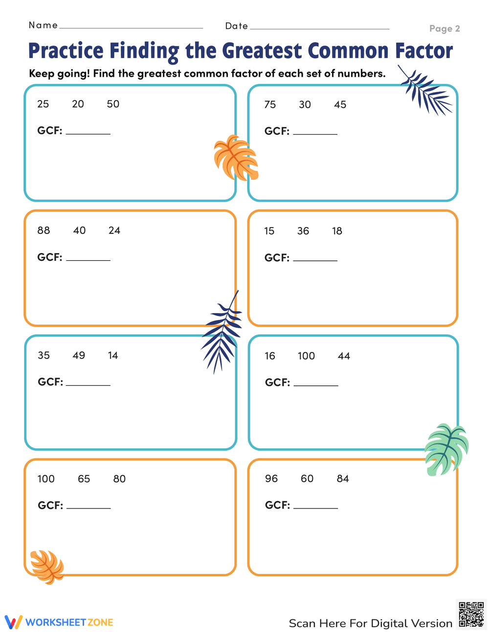Practice Worksheet for Finding Greatest Common Factor - Page 2