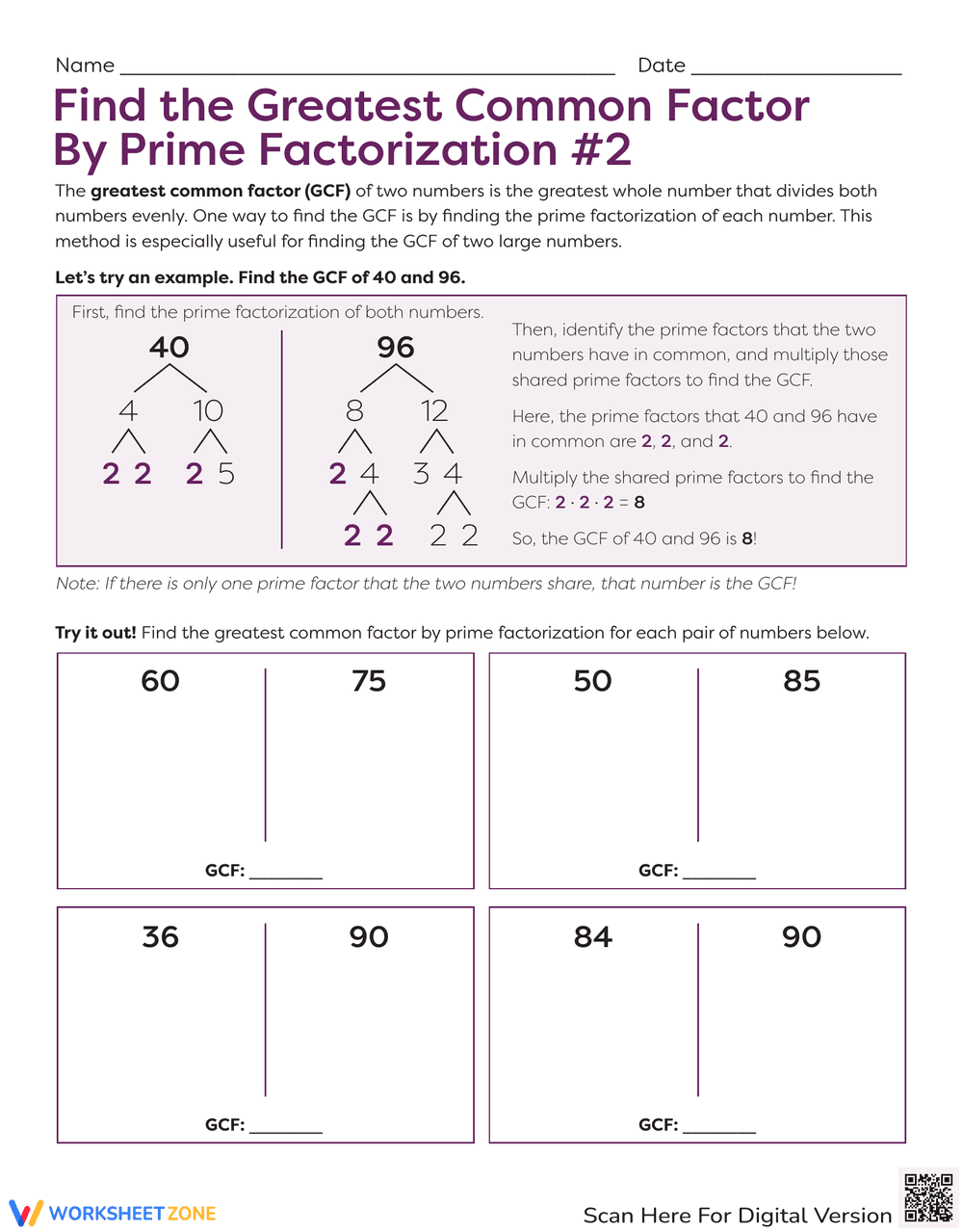 Find GCF by Prime Factorization with this Worksheet - Page 1