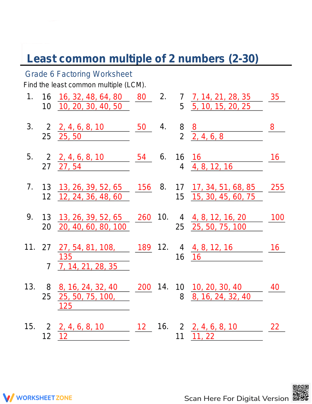 Practice Least Common Multiple of Two Numbers - Page 2