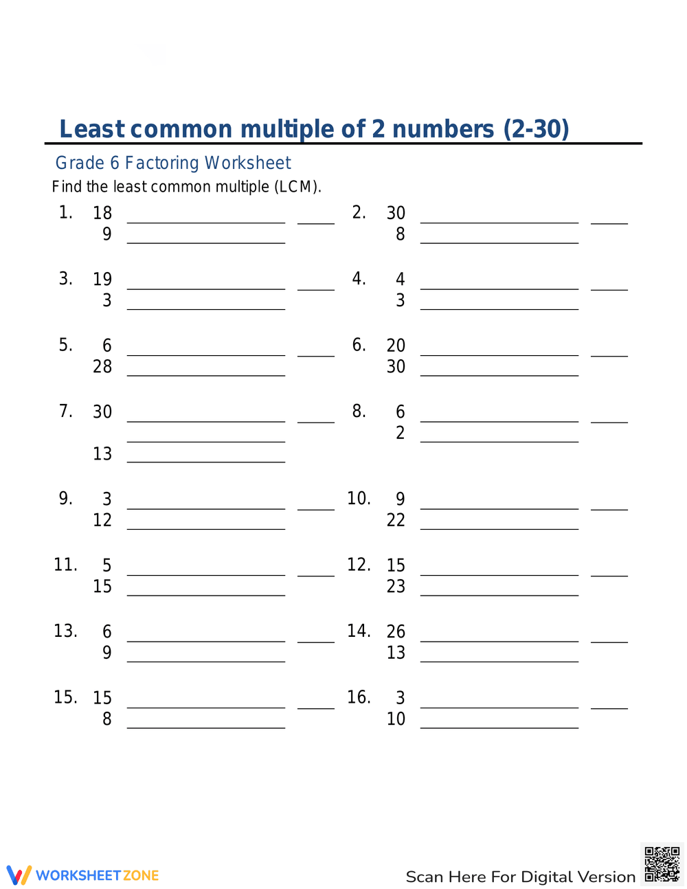 LCM of 2 Numbers Worksheet - Page 1