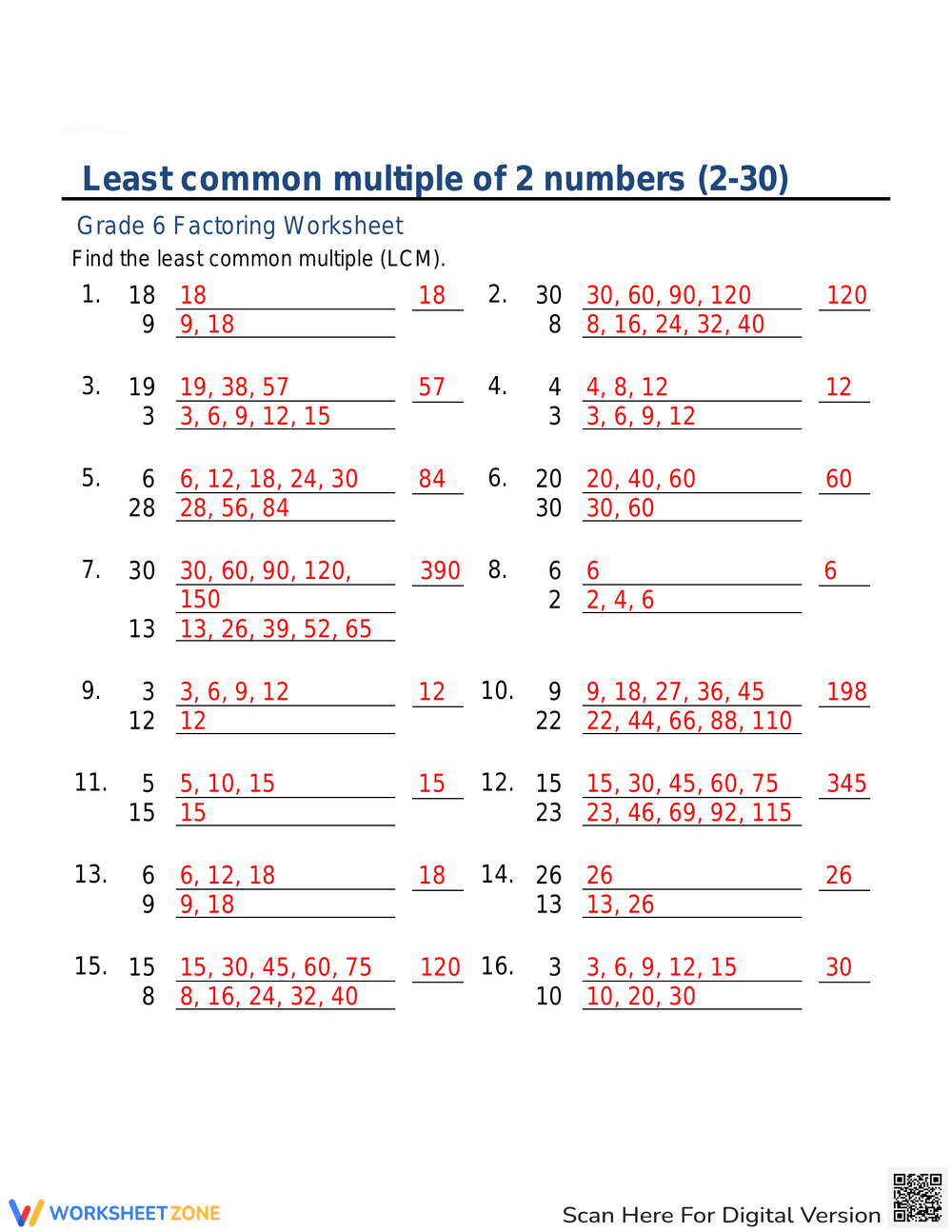 LCM of 2 Numbers Worksheet - Page 2