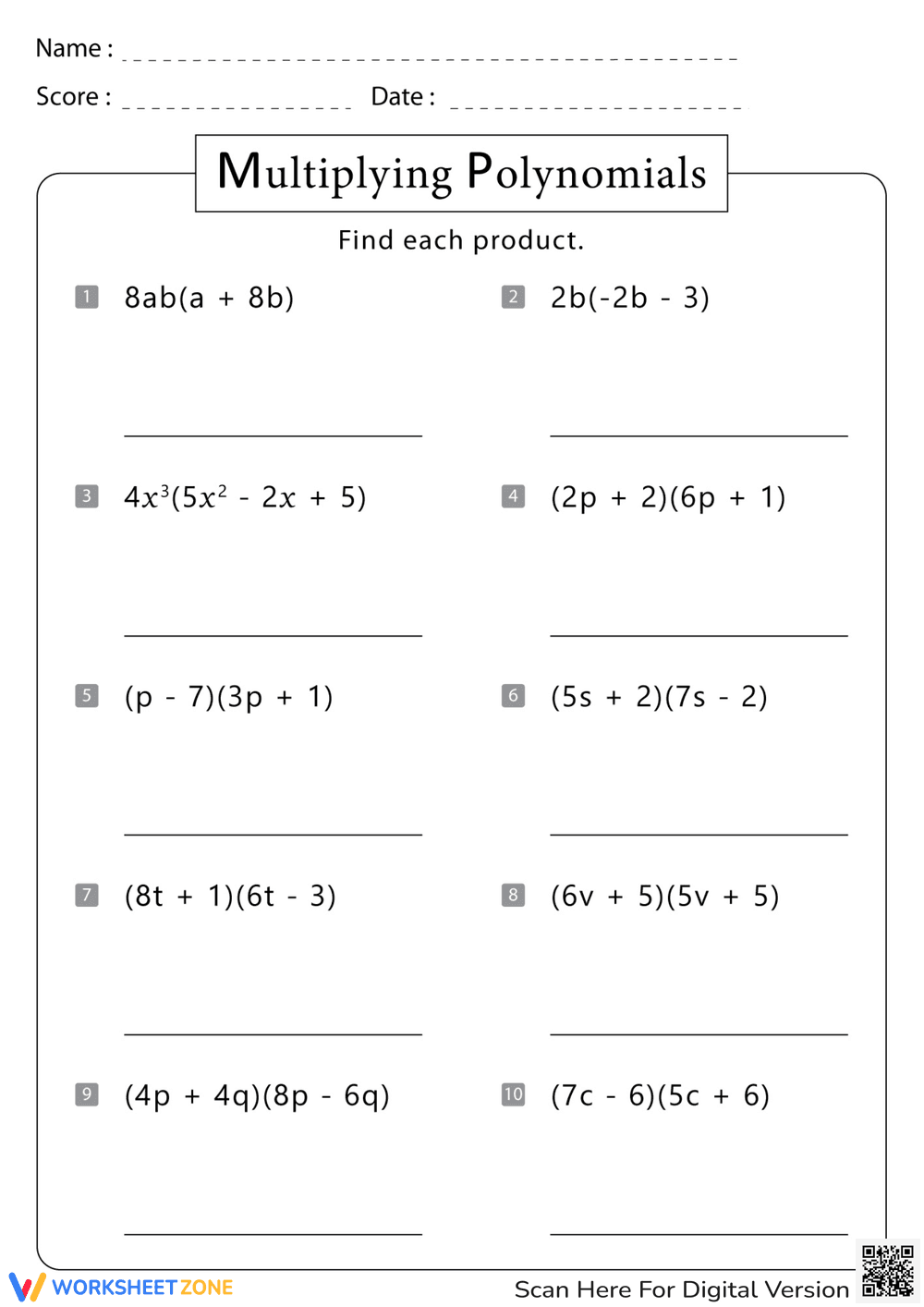 Multiplying Polynomials: Algebra Skills Worksheet - Page 1