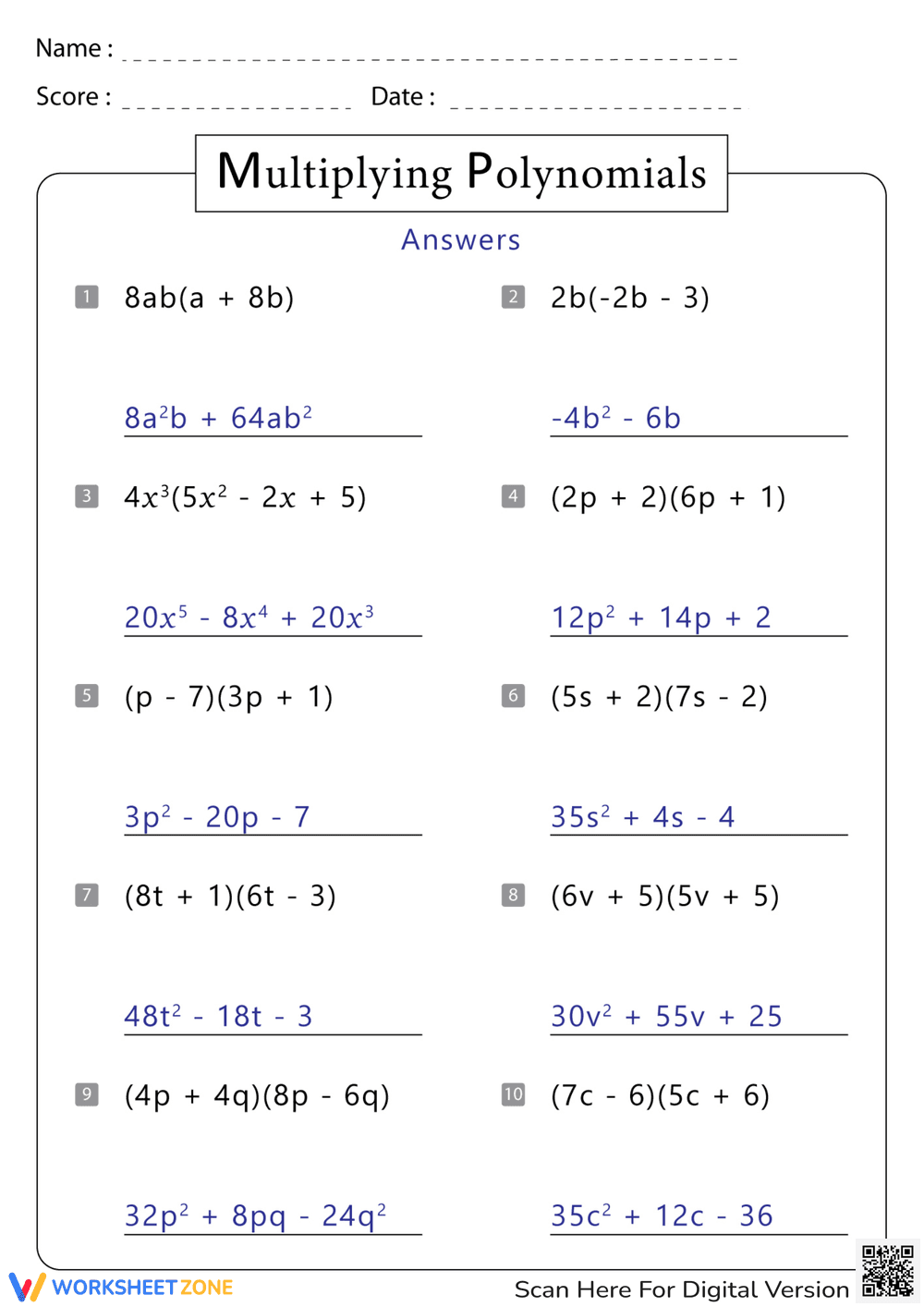 Multiplying Polynomials: Algebra Skills Worksheet - Page 2