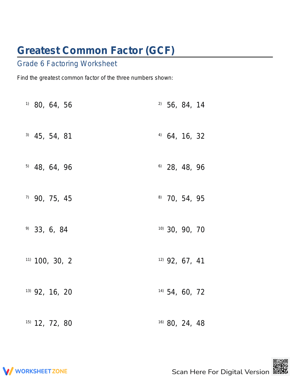 GCF of 3 Numbers Worksheet - Page 1