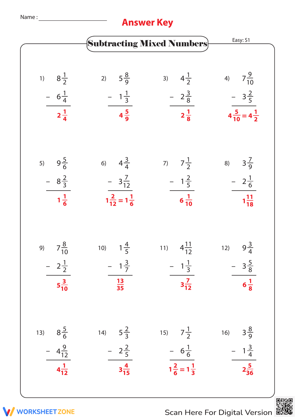 Subtracting Mixed Numbers with Unlike Denominators - Page 2