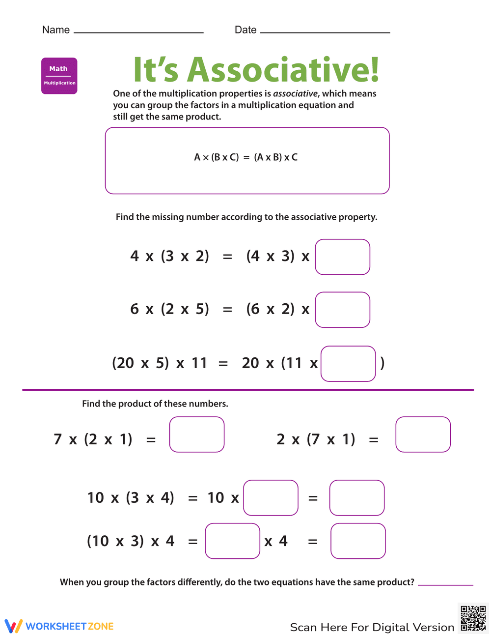 Properties of Multiplication: Associative Worksheet - Page 1