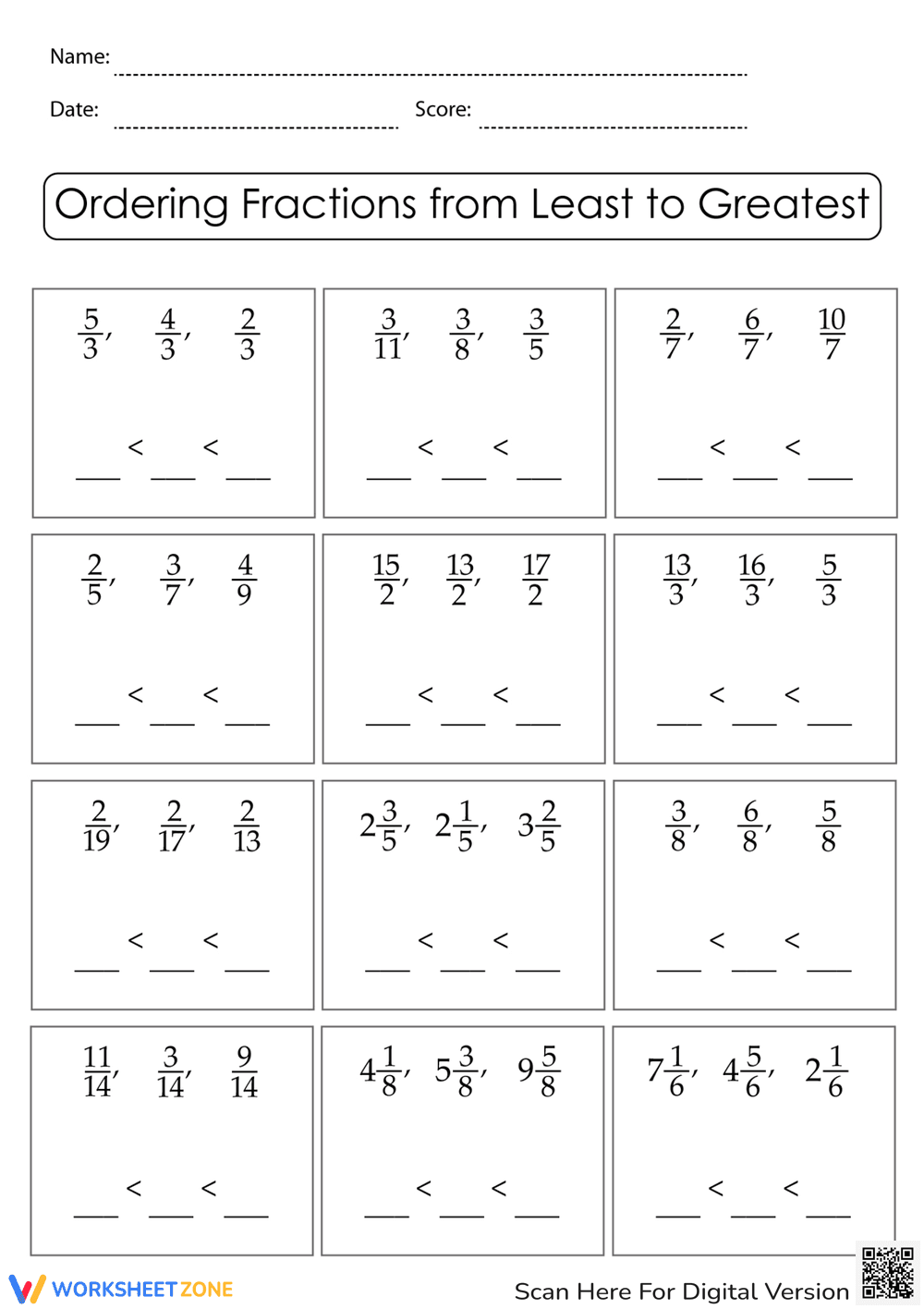 Order Fractions From Least to Greatest - Page 1