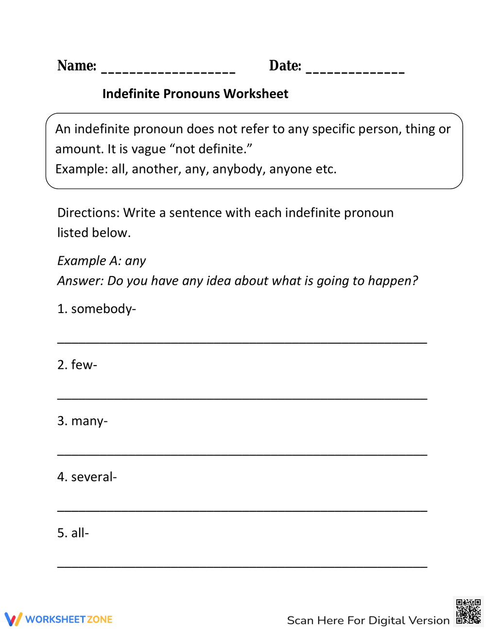 Writing with Indefinite Pronouns Practice - Page 1