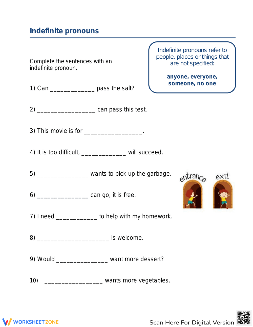 Mastering Indefinite Pronouns Exercise Worksheet - Page 1