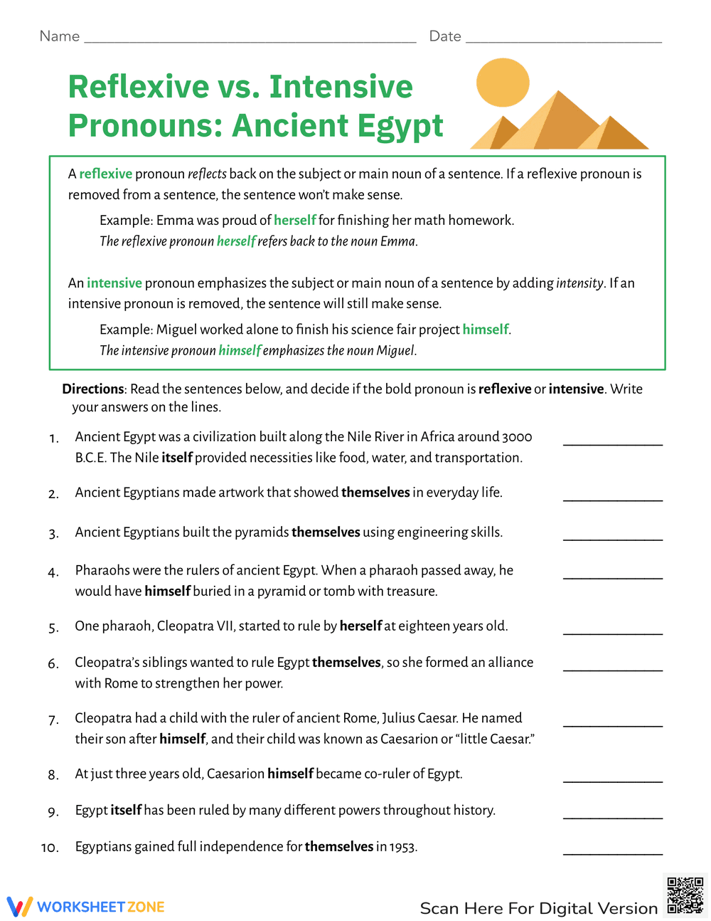 Practice Reflexive vs Intensive Pronouns with Egypt Theme - Page 1