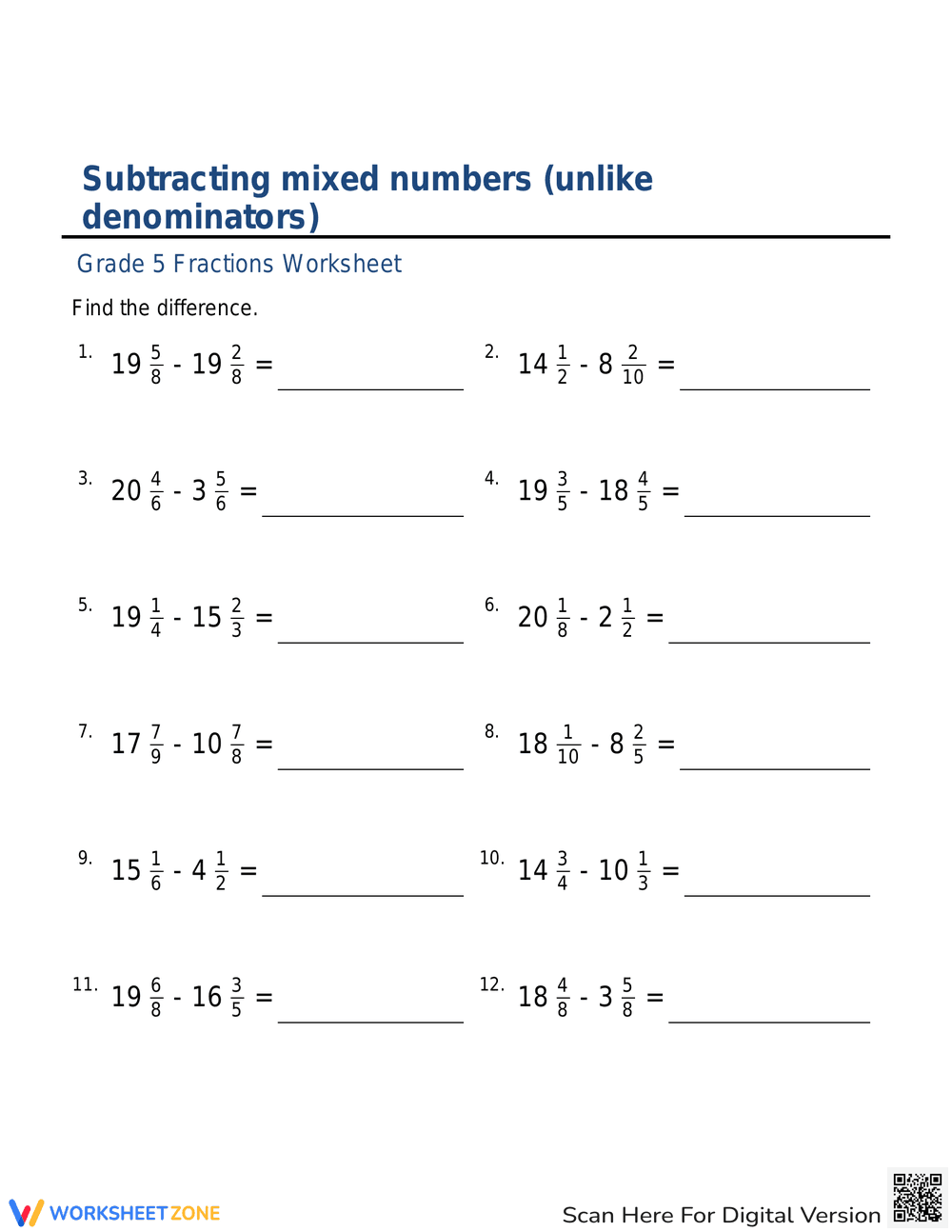Subtract Mixed Numbers with Unlike Denominators - Page 1