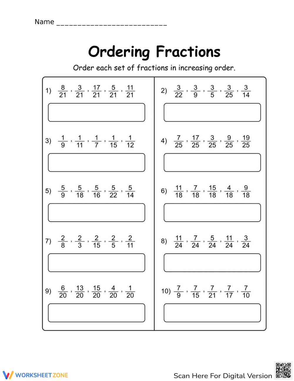 Ordering Fractions Worksheet - Page 1