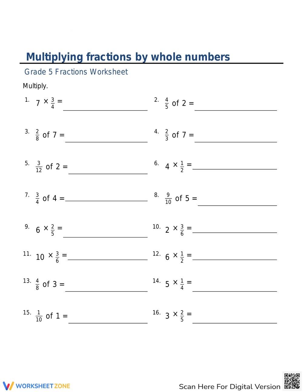 Multiply Fractions by Whole Numbers - Page 1