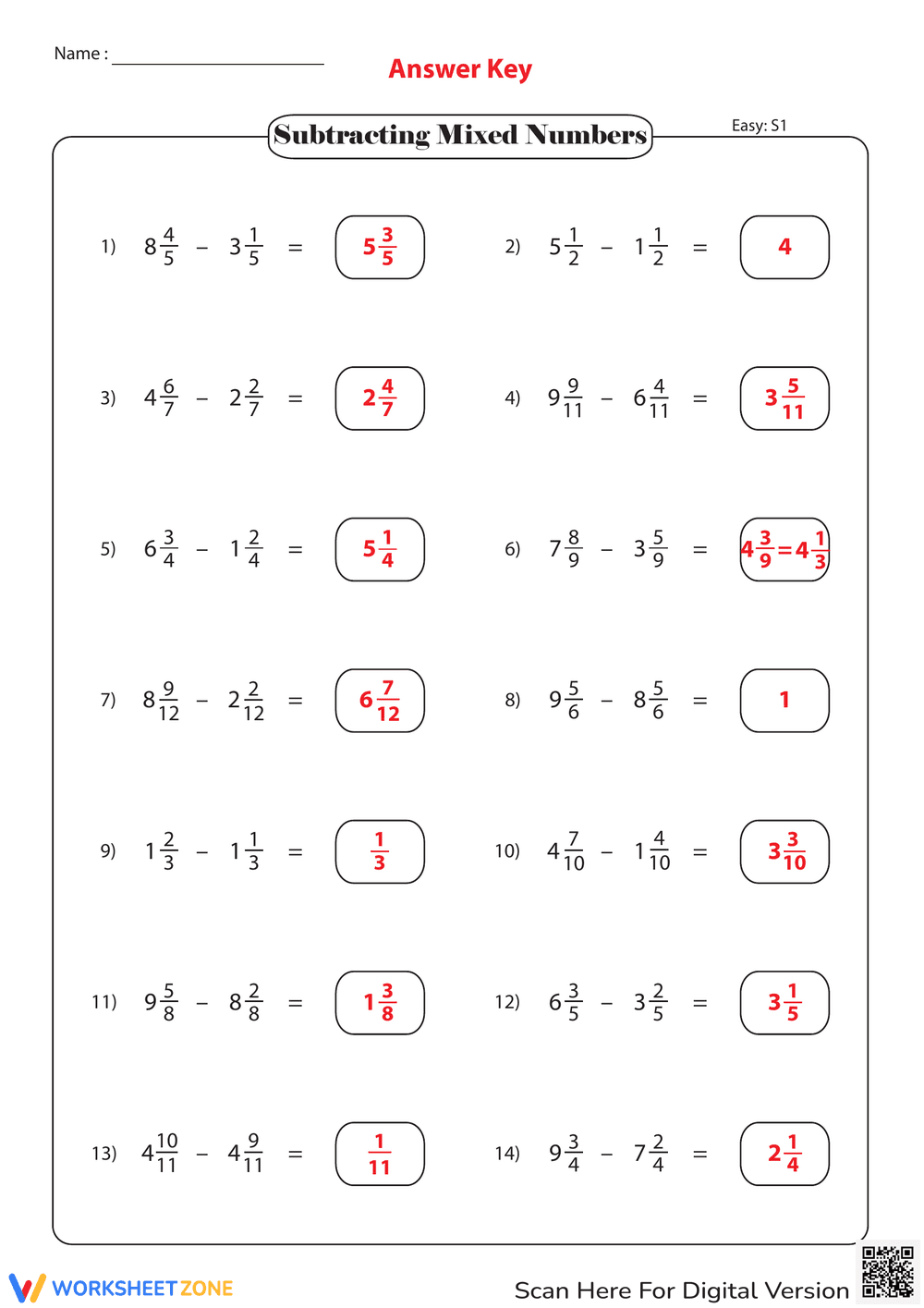 Worksheet on Subtracting Mixed Numbers - Page 2