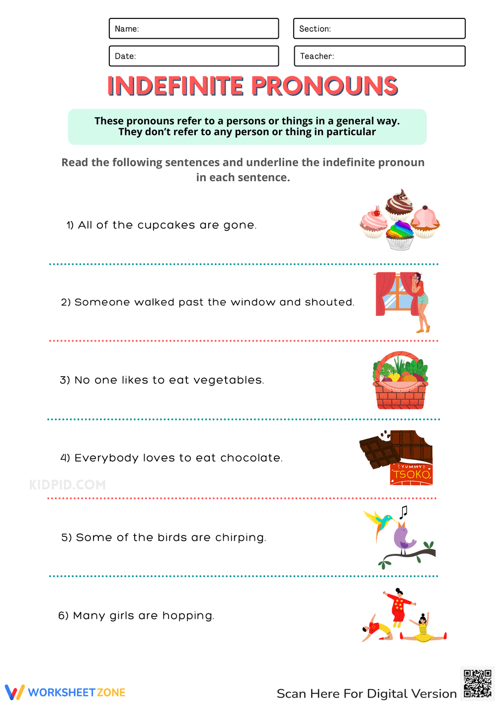 Indefinite Pronouns Worksheets for Grade 1-2 - Page 1