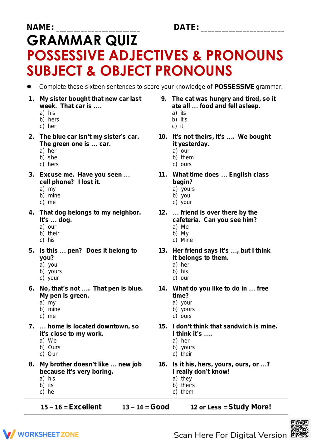 Grammar Quiz on Possessive Pronouns & Adjectives - Page 1