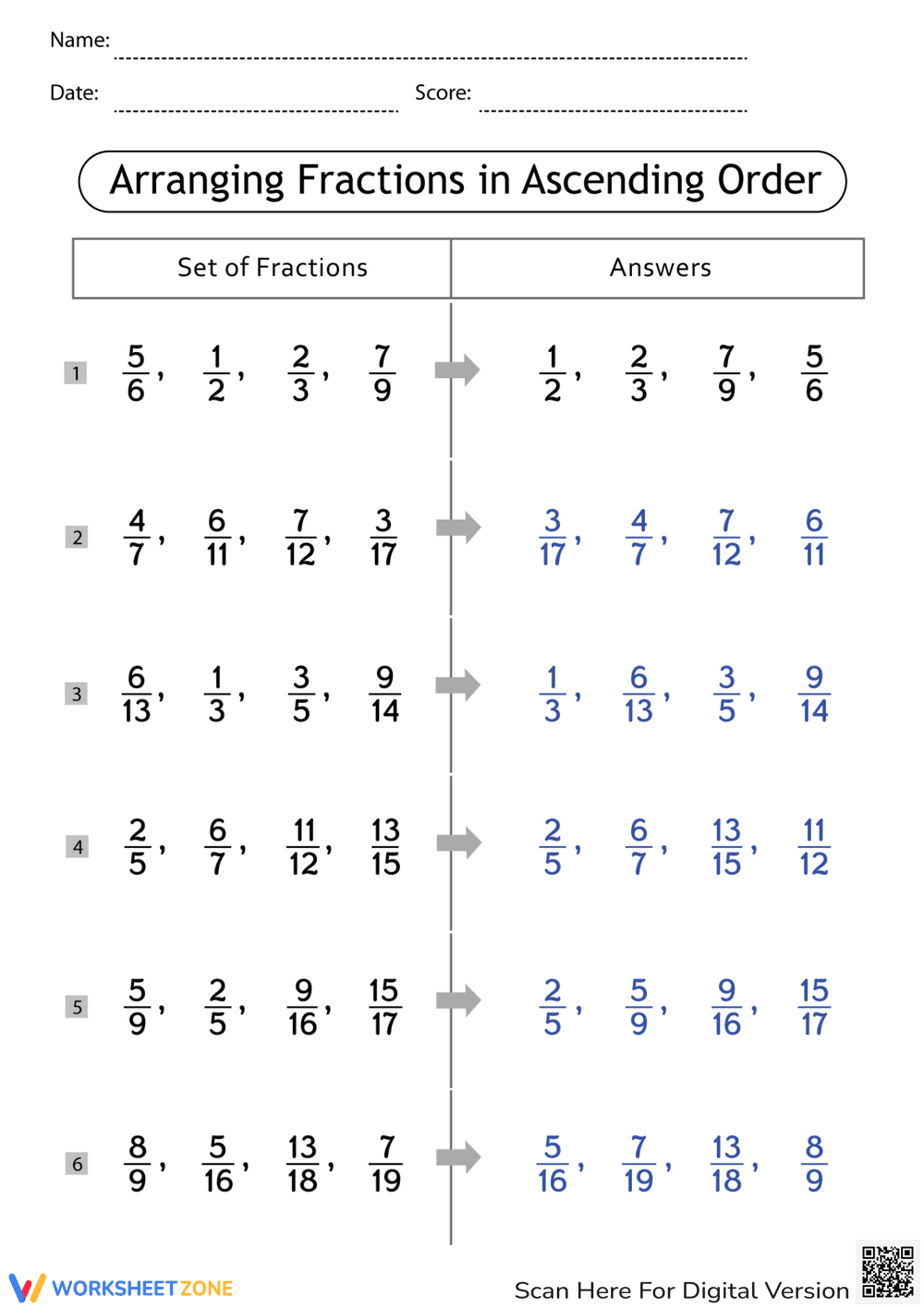 Arranging Fractions in Ascending Order - Page 2