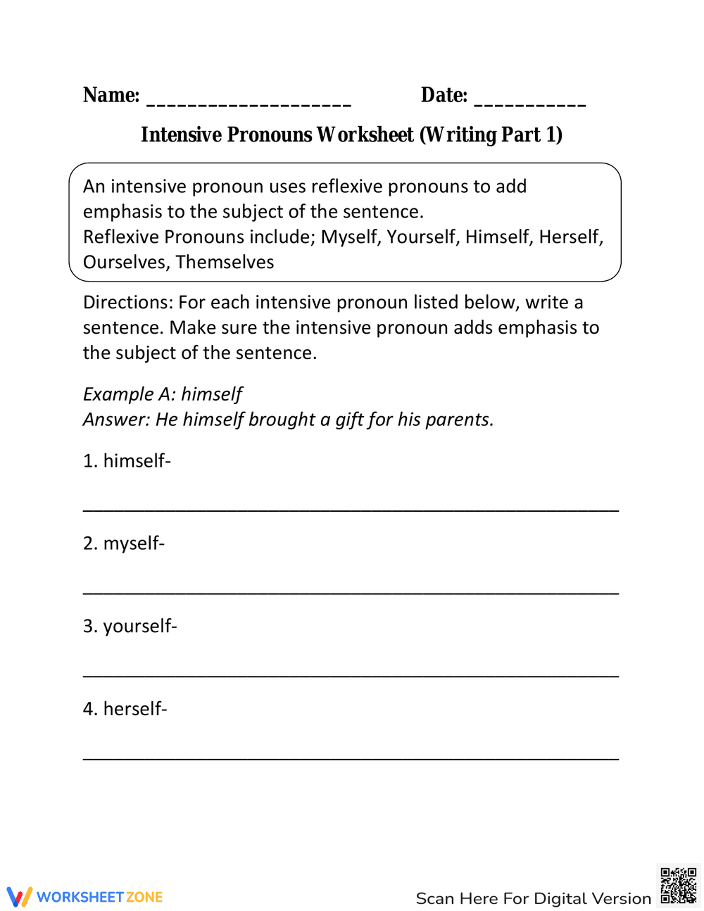 Writing Intensive Pronouns Worksheet - Page 1