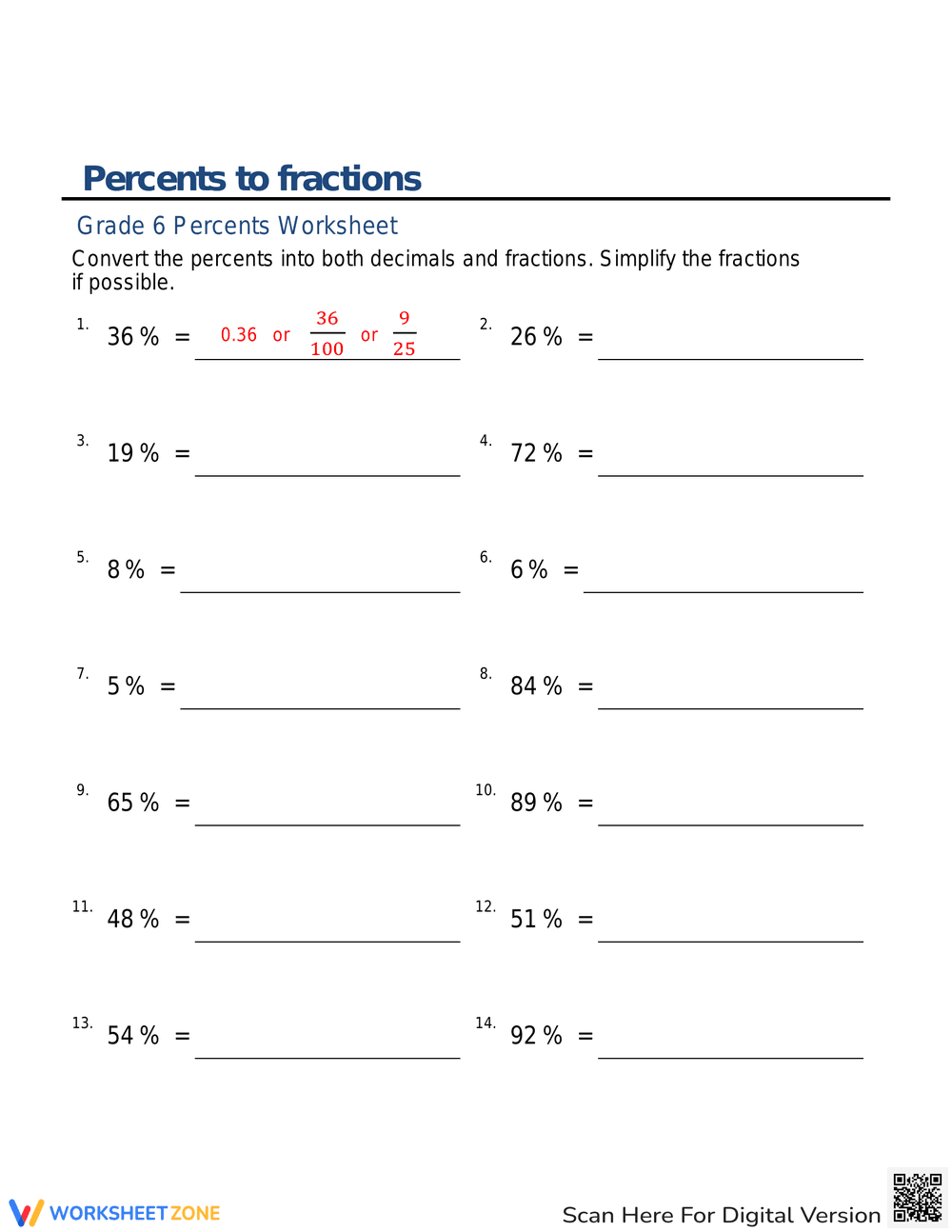 Converting Percents to Fractions - Page 1