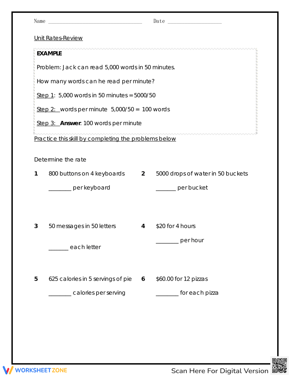 Unit Rate Review Worksheet - Page 1