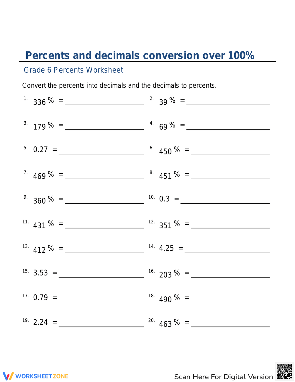 Percents and Decimals Conversion - Page 1