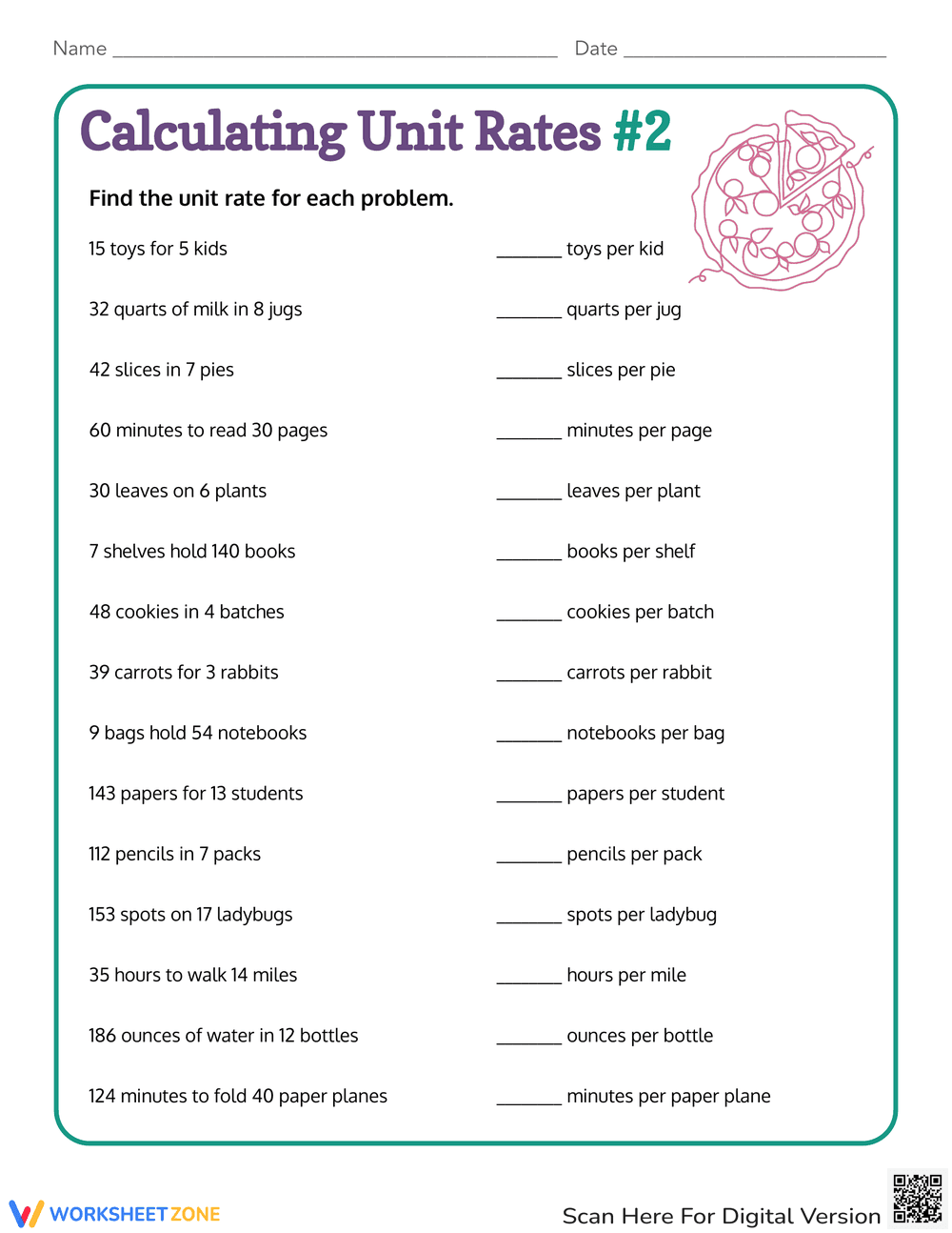 Calculating Unit Rates Practice Worksheet - Page 1