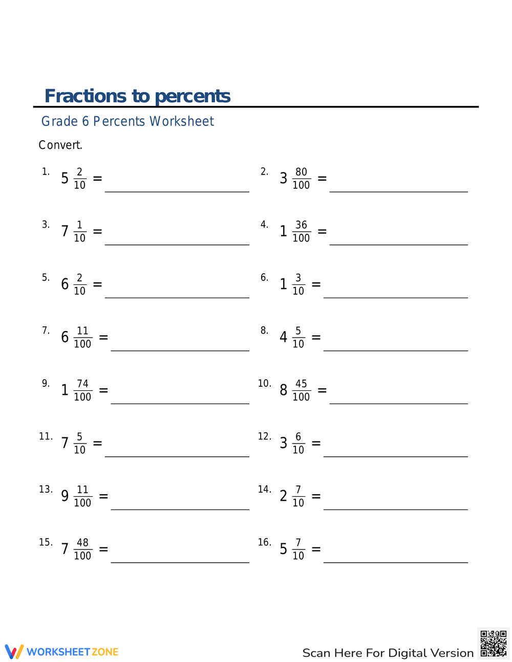 Convert Fractions to Percents Worksheet - Page 1