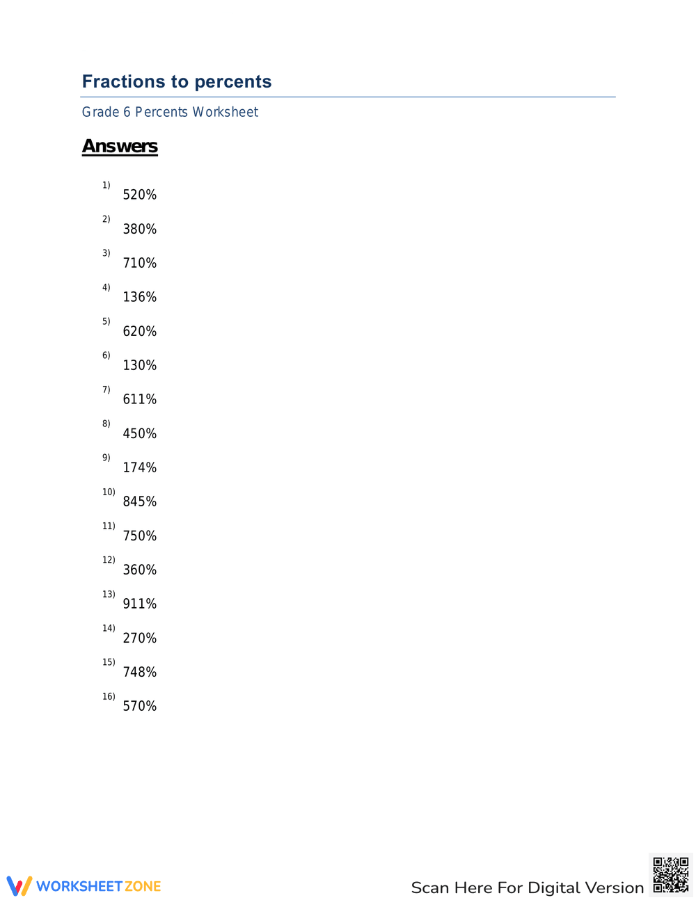 Convert Fractions to Percents Worksheet - Page 2
